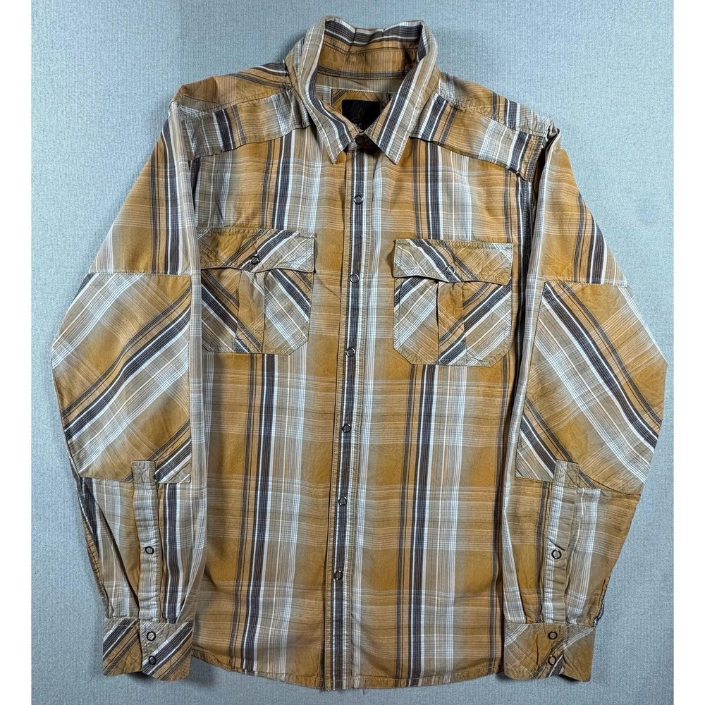 PrAna Mens Medium Brown Plaid Snap Button Up LS Organic Cotton Shirt